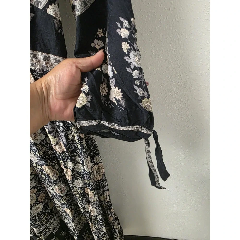 Papillon Boho Floral Maxi Dress Women's L–100% Viscose, Tie-Sleeve, V-Neck,‎ NWT - Picture 2 of 9